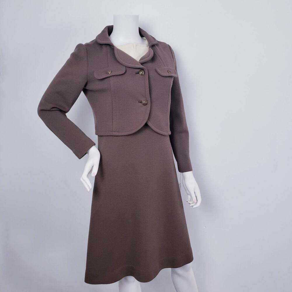 Vtg 1960s Deadstock Kimberly Wool 2-Piece Dress Suit Cream Brown Vintage Size 10